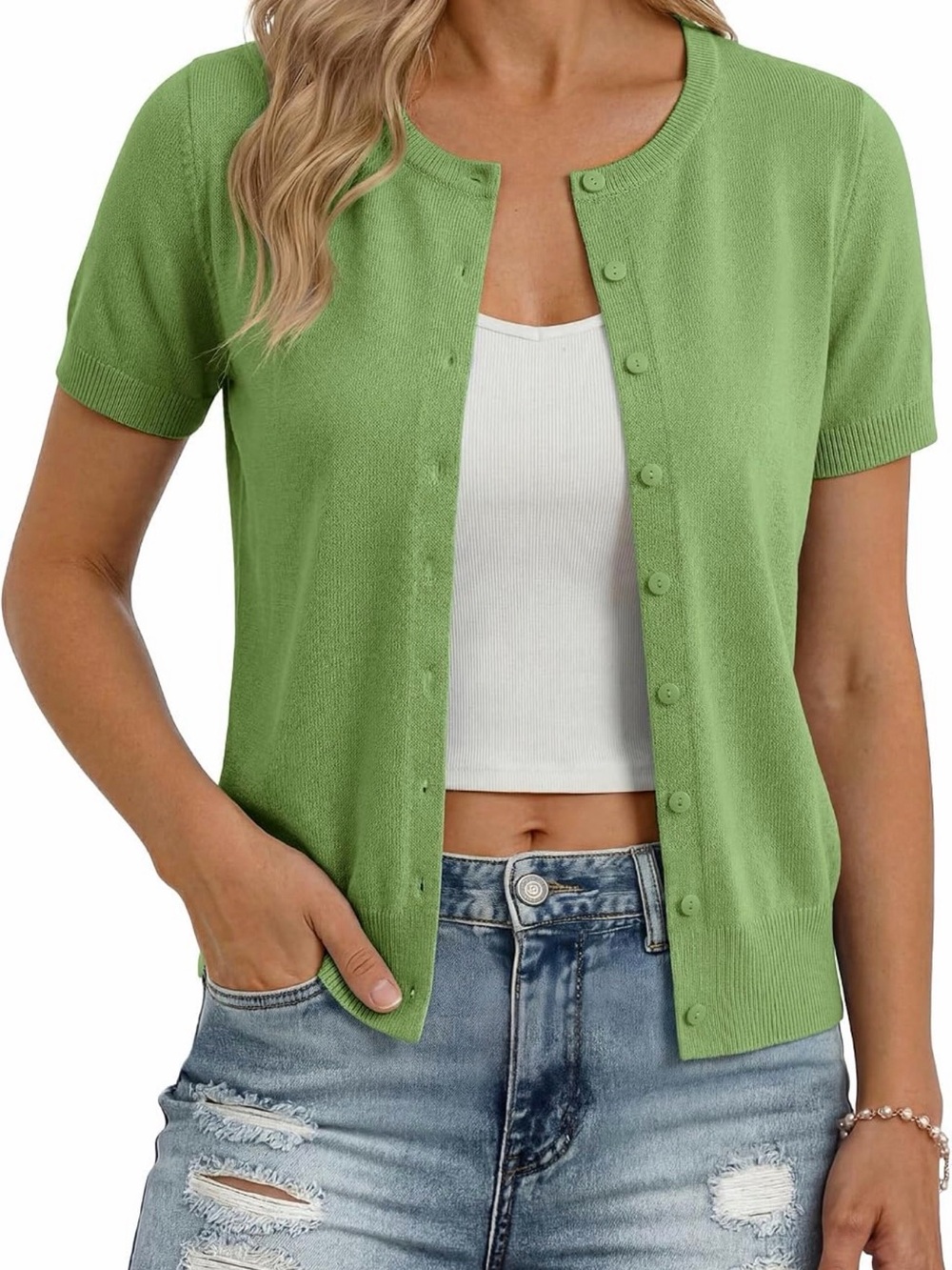 Grace Karin Lime Green Short-Sleeve Button Cardigan
